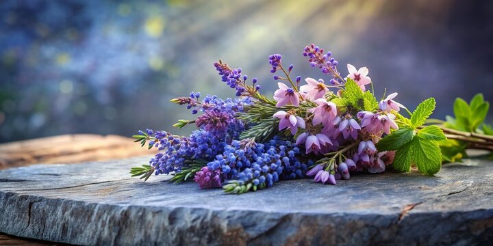 Freshly picked heather and bluebells adorn a weathered stone slab, surrounded by soft lilac, blue, and cool gray hues, evoking a sense of serene natural beauty.