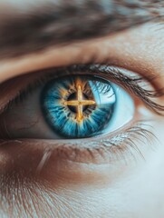 Fototapeta premium A woman's eye is reflected in a mirror with a cross in the center. holy cross