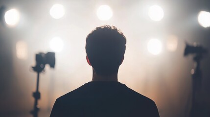 A photographer evaluates their recent work while surrounded by studio lights, focusing on the creative process and artistic exploration