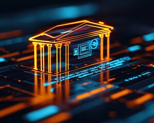 A holographic screen showing real-time banking transactions, with glowing financial symbols representing efficient digital processes