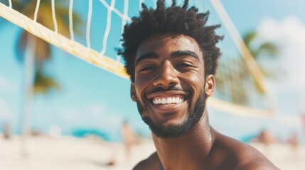 A cheerful man plays beach volleyball, showing his excitement and joy on a sunny day at the beach