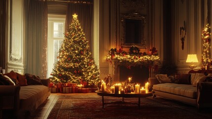 Fototapeta premium Cozy Portuguese living room with a beautifully adorned Christmas tree and warm glow from the fireplace