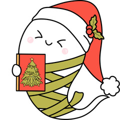 Groovy retro christmas ghost reading book clipart, Trendy hippie bookish cartoon doodle drawing art illustration