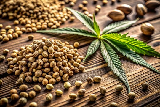Macro shot of various-sized premium cannabis seeds scattered on a rustic wooden background, showcasing their intricate details and natural earthy tones.