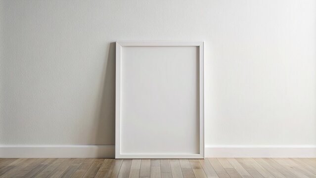 White rectangular vertical frame hanging on a white wall mockup