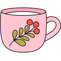 Groovy retro pink christmas milk cup with holly berries clipart, Trendy hippie winter xmas cartoon doodle drawing art illustration