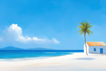 Impressionist painting of a peaceful beach with a small house, palm tree, and a serene ocean under a bright blue sky, evoking tropical tranquility.