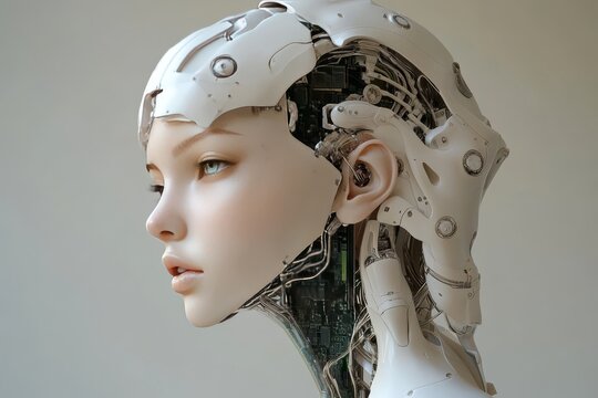 Futuristic female humanoid robot with sleek white exterior and neural circuits exposed symbolizing AI driven cognition and cybernetic evolution