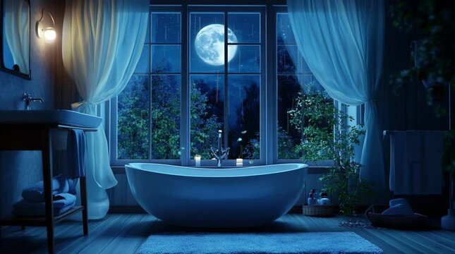 Bathroom window illuminated at night, creating a serene and intimate atmosphere with soft lighting and reflections.
 Seamless looping 4k time-lapse virtual video animation Generated AI