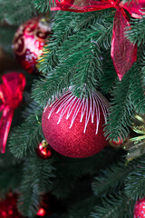 Red Christmas ball on a Christmas tree. Christmas tree. Festive interior