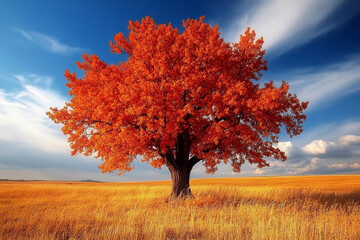 A towering tree with fiery orange foliage, its branches extending towards the sky, standing alone in a vast field, representing the strength and beauty of nature