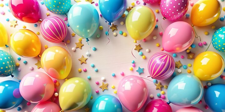 Vibrant balloons in shades of pink, blue, and yellow surround a festive birthday invitation lying on a white surface, setting a lively celebratory atmosphere.
