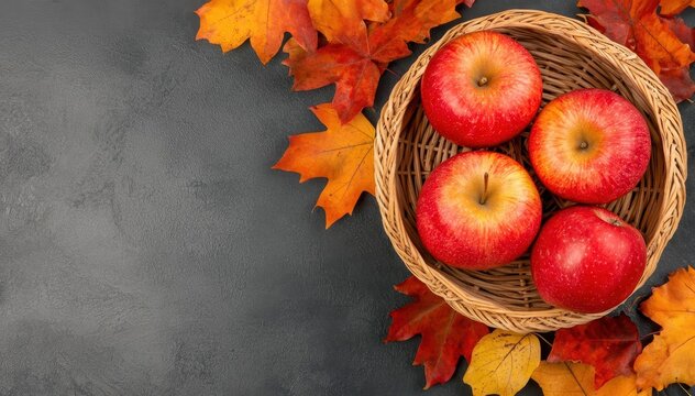 A basket of freshly picked apples resting on a table covered in fall leaves and twigs, Thanksgiving harvest, and celebration of Canadian produce
