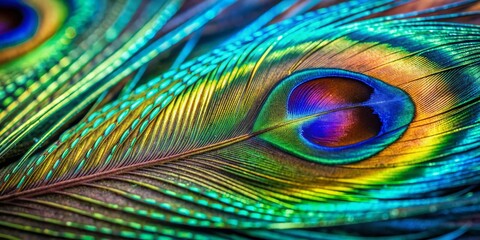 Obraz premium Vibrant iridescent abstract peacock feather macro close-up reveals intricate exotic texture, shimmering blues and greens, on a stunning natural bird feather background pattern.