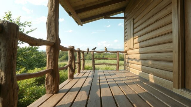 A rustic wooden deck with worn railing posts featuring horizontal slats, set against a backdrop of lush greenery