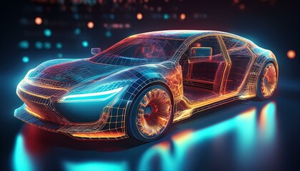 Naklejka premium 3D illustration showcasing a futuristic car technology concept with wireframe intersection, highlighting innovative design.