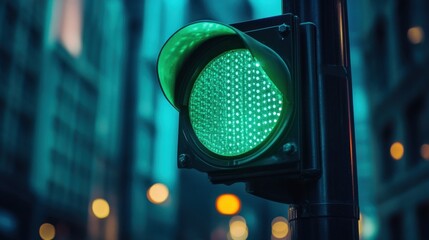 Green traffic light glowing against an urban background indicating permission to move forward and symbolizing progress