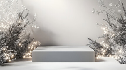 Fototapeta premium Matte grey display stand with frosted branches and snowflake lights for high end cosmetics