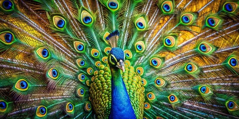 Obraz premium Vibrant peacock tail feathers unfolded against a bright background, showcasing intricate, colorful patterns and mesmerizing eyespots in shades of emerald green, sapphire blue, and gold.