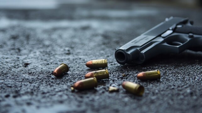 A pistol and shell casings lie on the asphalt, evidence of a crime