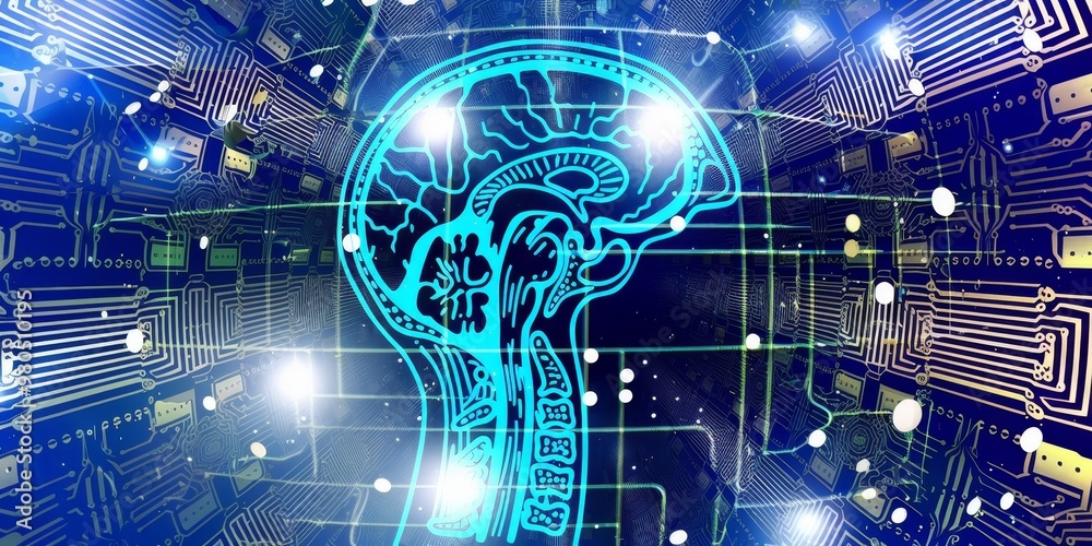 Aufkleber Digital representation of artificial intelligence and neural networks, symbolizing advanced technology and the fusion of human intelligence with machine learning and data networks.