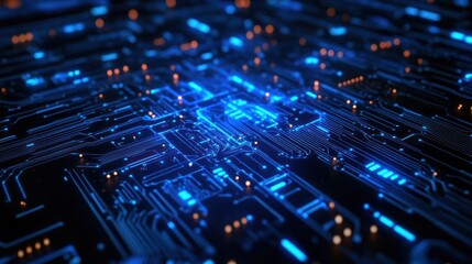 Quantum computing circuit board with glowing particles and digital connections, symbolizing the futuristic technology of quantum mechanics, set against a dark background with a blue neon glow