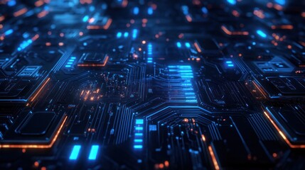 Quantum computing circuit board with glowing particles and digital connections, symbolizing the futuristic technology of quantum mechanics, set against a dark background with a blue neon glow
