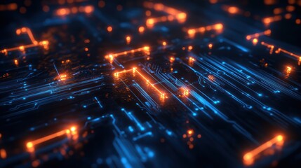 Quantum computing circuit board with glowing particles and digital connections, symbolizing the futuristic technology of quantum mechanics, set against a dark background with a blue neon glow
