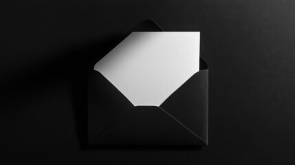 A plain white card sits inside a black envelope. The envelope is open, revealing the card, and both are against a black background. The light casts a shadow, highlighting their shape.