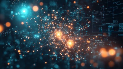 Quantum entanglement illustrated with glowing particles connected by ethereal lines, floating in a dark space with mathematical formulas faintly visible in the background