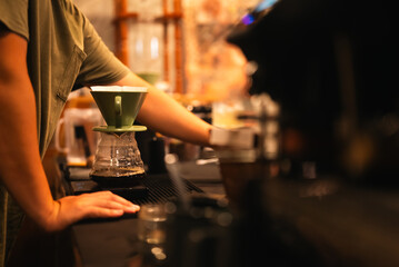 Vintage Barista Crafting Perfect Espresso at Charming Cafe, Hot Drinks Like Cappuccino Latte Served in Cups, Professional Precision Aroma Filling the Morning, Brown Beverage Warms Customers in Cozy