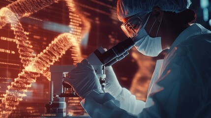 Scientist in a laboratory analyzing DNA samples under a microscope, with futuristic data overlays highlighting genetic sequences Close-up photo with clean background