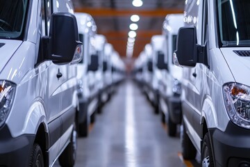 A fleet of pristine white cargo vans lined up at a distribution center, ready for delivery.