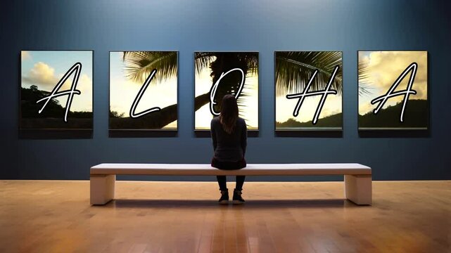 The Word Aloha and a Tropical Island Framed in an Art Gallery