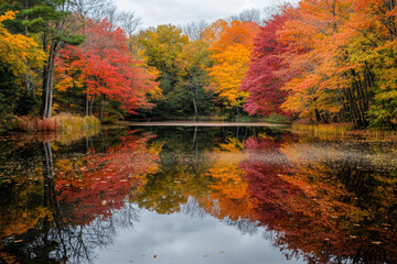 A tranquil pond surrounded by trees with their reflections mirrored in the still water, showcasing a mix of autumnal colors, from deep reds to bright yellows