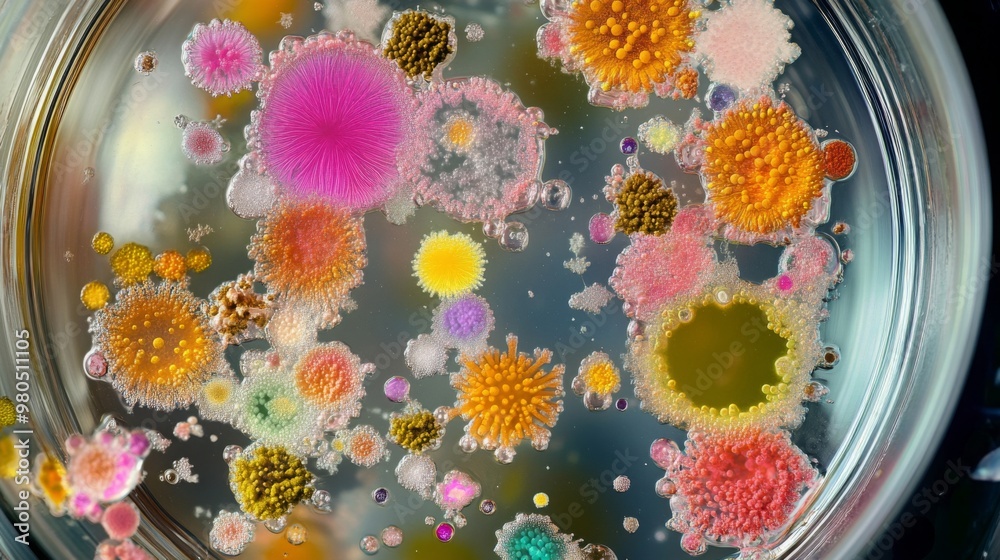 Leinwandbilder various colorful microorganisms grow in a petri dish, showcasing their vibrant forms in a laboratory