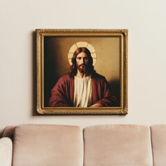 Fototapeta premium A framed painting of Jesus in an ornate golden frame hanging on the wall of a modern living room The background features soft beige walls minimalist furniture and a large window letting in natural lig