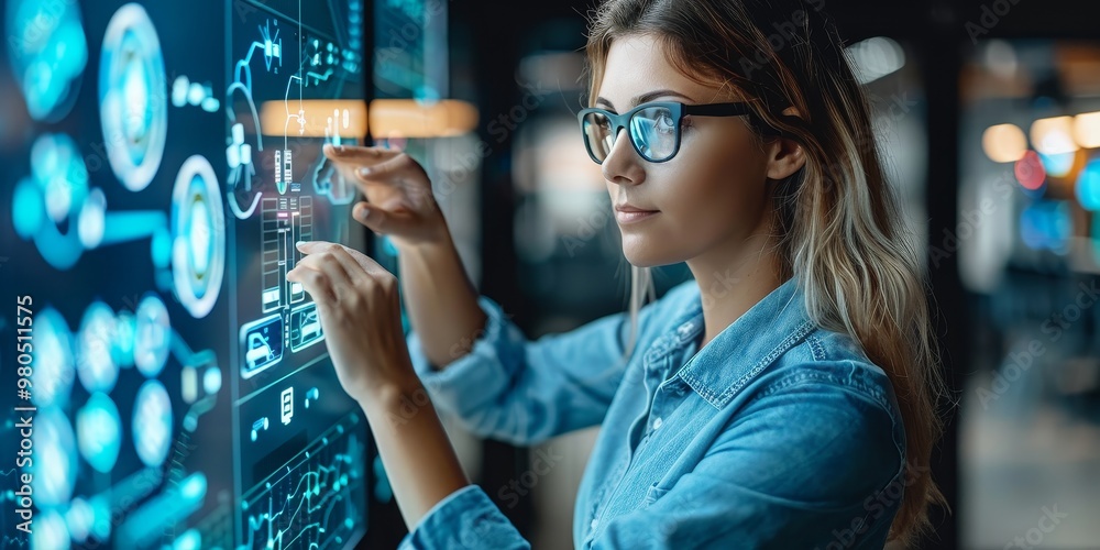 Poster Professional woman analyzing data on a digital display, highlighting the integration of technology in business and research for advanced information analysis and decision-making.