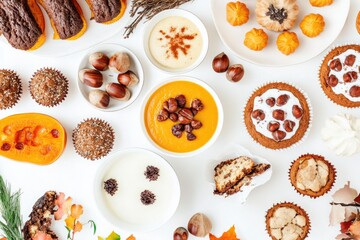 Assorted Cozy Autumn Foods: Pumpkin Desserts, Nuts, and Seasonal Treats for Fall Celebrations