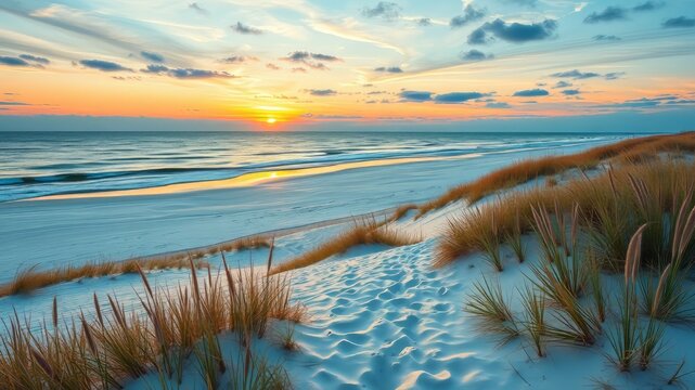 A serene beach at dawn on a pristine barrier island, where dunes slope to the ocean, coastal grasses