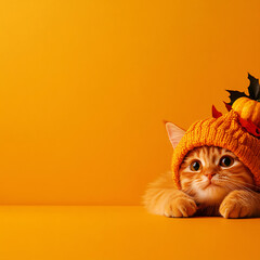 A cat wearing a yellow hat is laying on a yellow background. The cat is looking at the camera