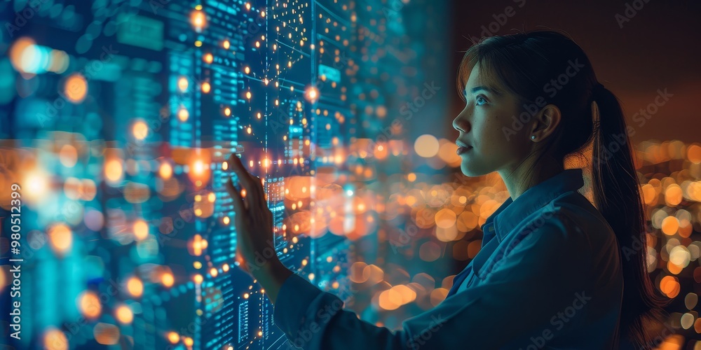 Poster Woman interacting with a futuristic digital interface, representing innovation and the integration of technology in modern business and data analysis environments.