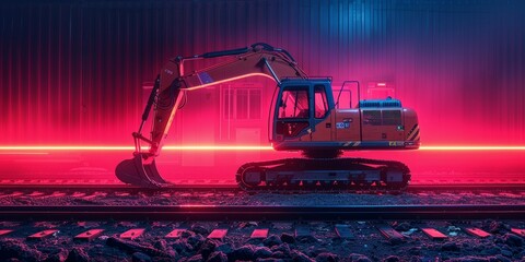 Excavator illuminated by neon lights at night, showcasing the integration of modern technology in construction and industrial work environments with a futuristic aesthetic.