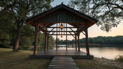 A serene evening scene featuring a majestic wooden pavilion surrounded by lush greenery, with twinkling string lights