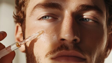 Obraz premium A young man applying skincare serum to his face in gentle light during a self-care routine at home