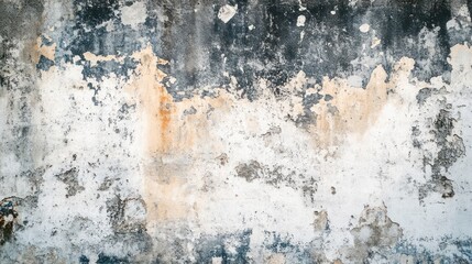 Weathered concrete wall with faded paint remnants and rough patches, creating an urban and aged appearance Close-up photo with clean background