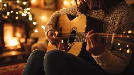 Fototapeta premium Woman playing an acoustic guitar in a cozy living space with warm lighting