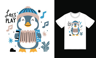 Cute penguin playing accordion with tshirt design premium vector