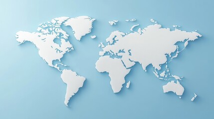 World map in minimalist style on a clean blue background with highlighted country borders and soft shadow effects to add depth