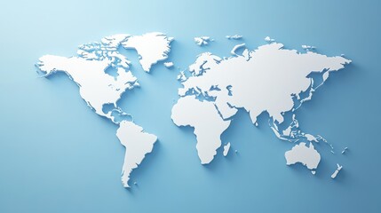 World map in minimalist style on a clean blue background with highlighted country borders and soft shadow effects to add depth